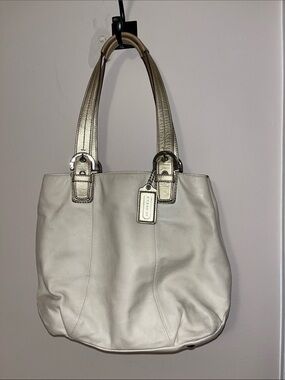 COACH White Leather Shoulder Tote with Metallic Gold Straps